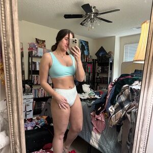 SHEIN Mint Blue Bralette Bikini Top with White High-Waist Briefs